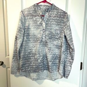 Women’s Grey & White 3/4 Sleeves Blouse (Script, Butterflies, and Roses print) M